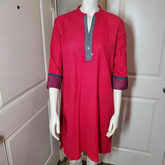 Beautiful Fuscia Cotton Kurti Tunic Sequin Embellished Women's Size XL 101cm - Picture 11 of 16